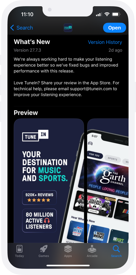 TuneIn App Store destination