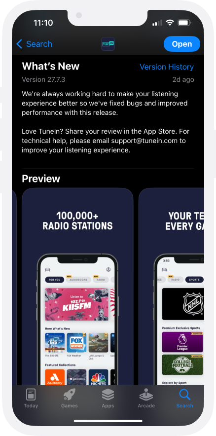 TuneIn App Store what's new