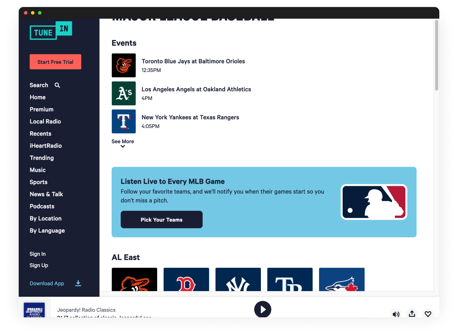 TuneIn MLB desktop