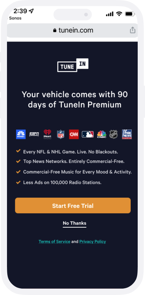 TuneIn Tesla landing — 90 days free