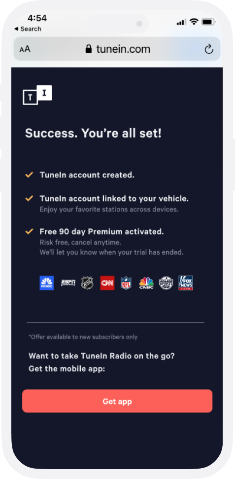 TuneIn Tesla success state